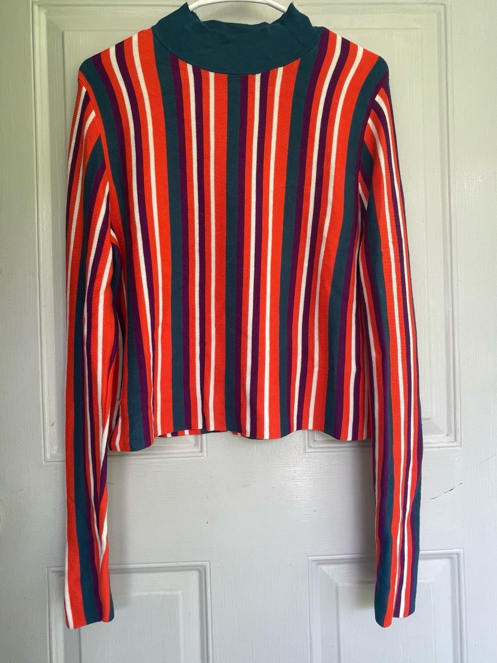 Victor Glemaud Red, Teal Blue, Purple & White Striped Mock Neck Top